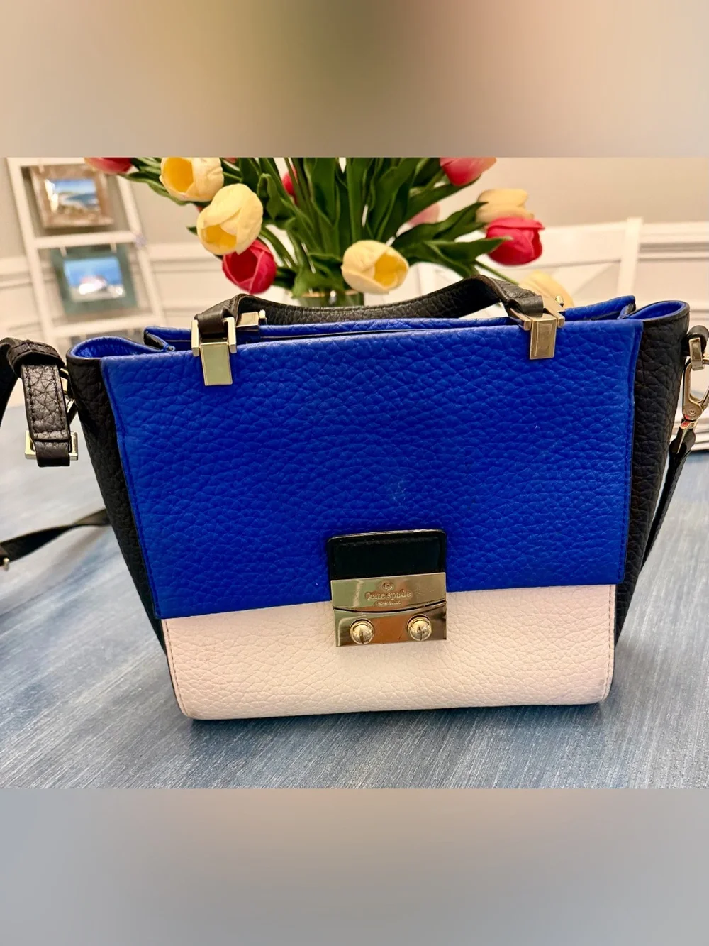 kate spade Two-Tone Royal Blue and Cream Leather Satchel with Black Accents